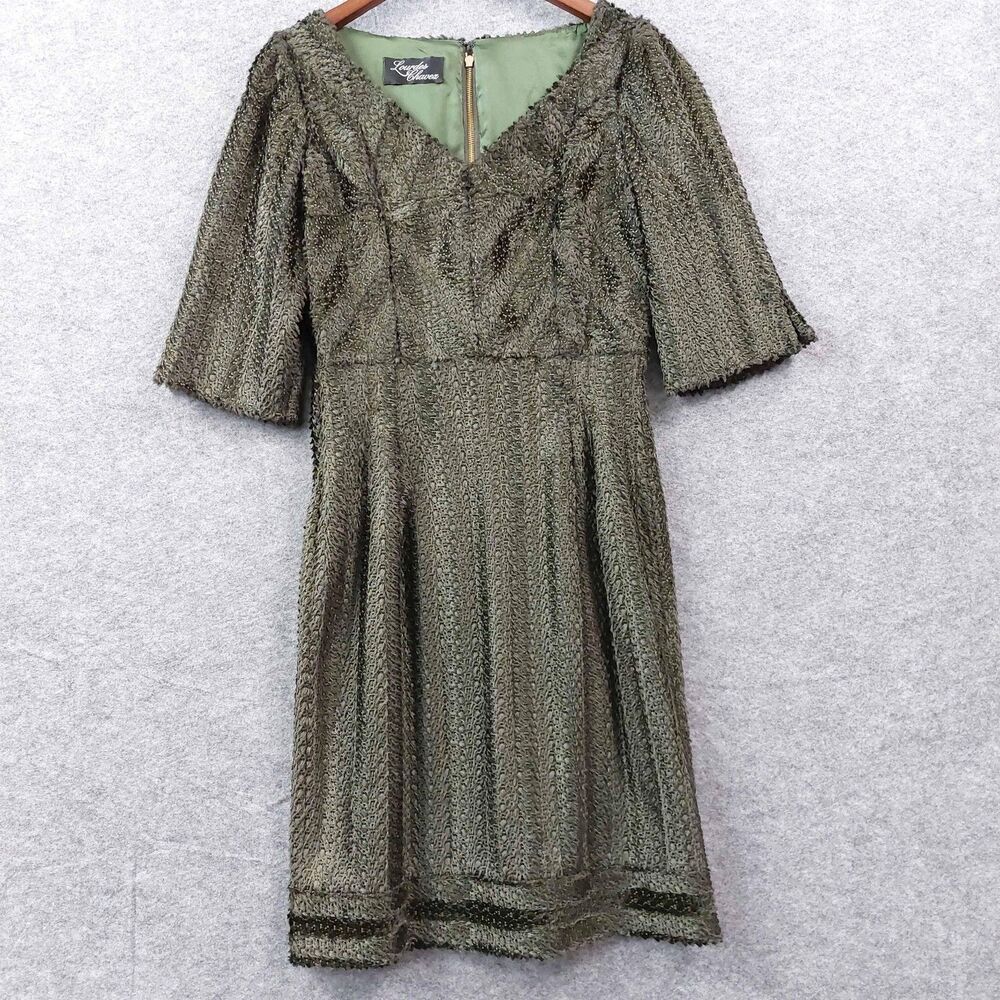 VTG Lourdes Chavez Dress S/M Olive Green Silk Midi Made USA Textured Tapestry